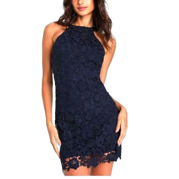 Lulus NWOT Love Poem Navy Lace Halter Neck Mini Cocktail Dress Size XS - Picture 1 of 12